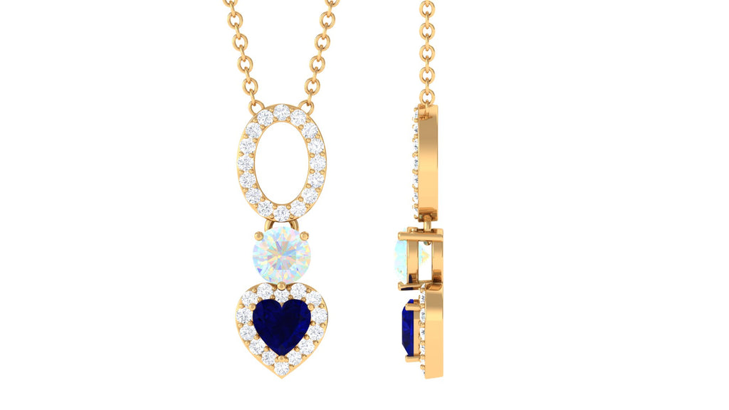 1 CT Blue Sapphire Heart Dangle Necklace with Ethiopian Opal and Moissanite Blue Sapphire - ( AAA ) - Quality - Rosec Jewels