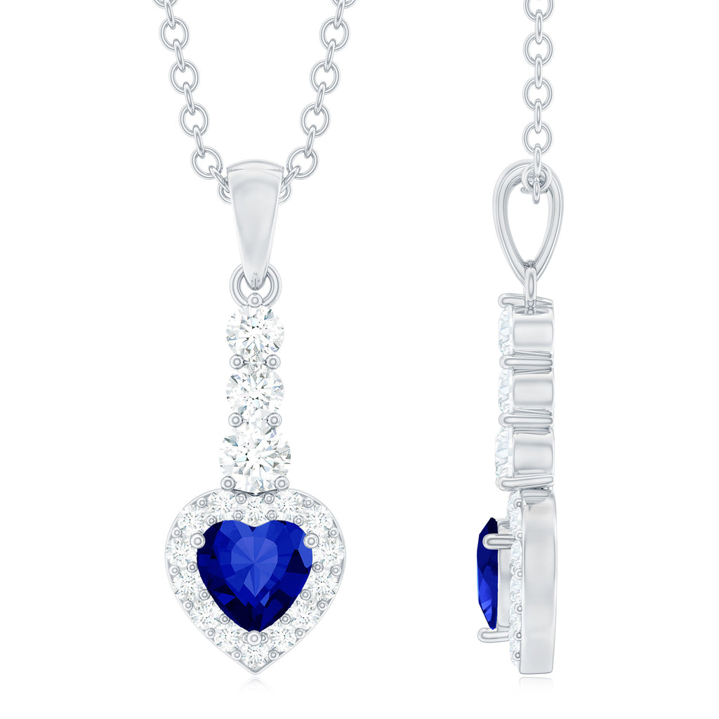 Heart Shape Blue Sapphire Drop Pendant with Diamond Blue Sapphire - ( AAA ) - Quality - Rosec Jewels