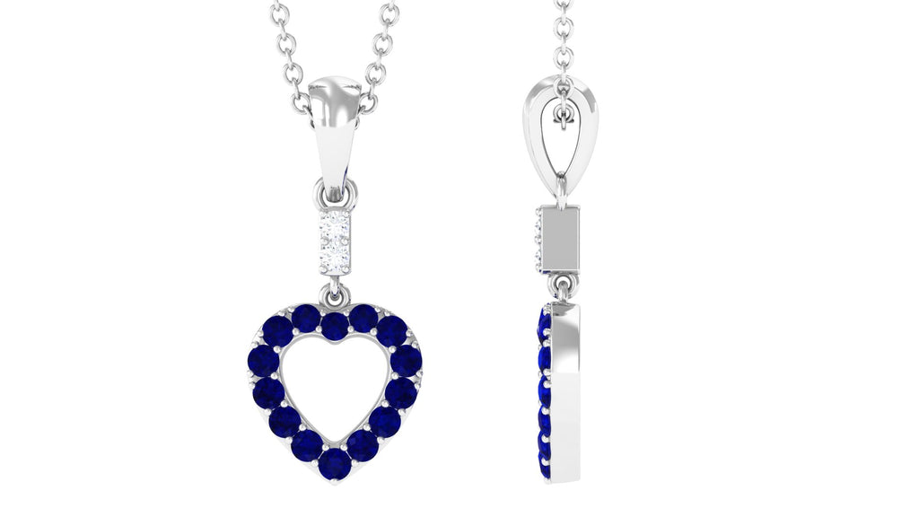 Round Blue Sapphire Open Heart Drop Pendant with Moissanite Blue Sapphire - ( AAA ) - Quality - Rosec Jewels