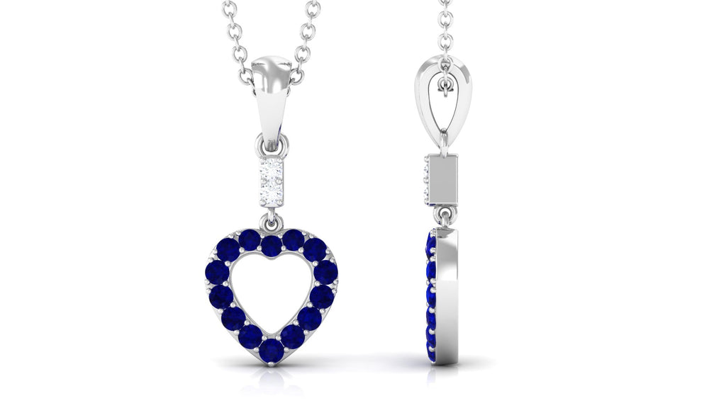 Round Blue Sapphire Open Heart Drop Pendant with Moissanite Blue Sapphire - ( AAA ) - Quality - Rosec Jewels