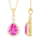Created Pink Sapphire Teardrop Pendant Necklace With Diamond Halo Lab Created Pink Sapphire - ( AAAA ) - Quality - Rosec Jewels