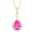 Created Pink Sapphire Teardrop Pendant Necklace With Diamond Halo Lab Created Pink Sapphire - ( AAAA ) - Quality - Rosec Jewels