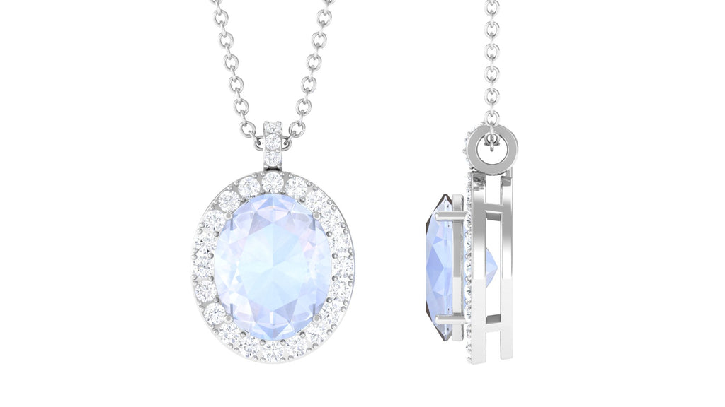 Oval Shaped Moonstone Pendant Necklace With Diamond Halo Moonstone - ( AAA ) - Quality - Rosec Jewels