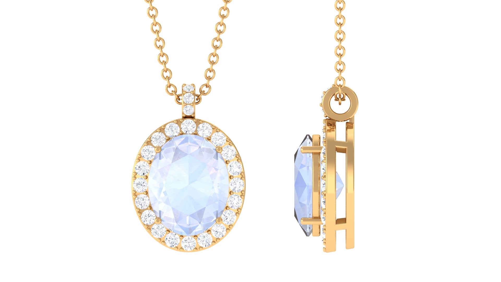 Oval Shaped Moonstone Pendant Necklace With Diamond Halo Moonstone - ( AAA ) - Quality - Rosec Jewels