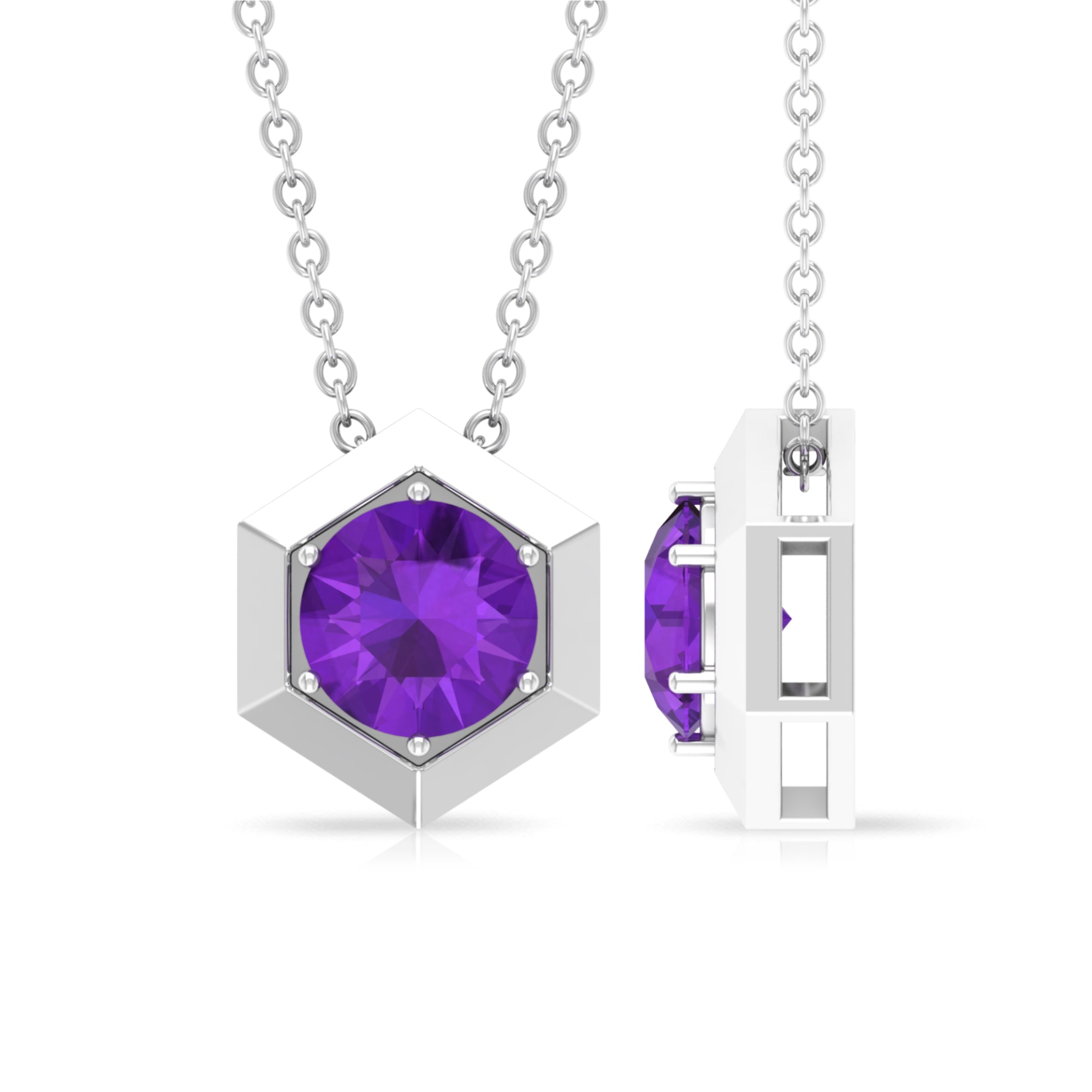 Solitaire Amethyst Hexagon Pendant Necklace Amethyst - ( AAA ) - Quality - Rosec Jewels