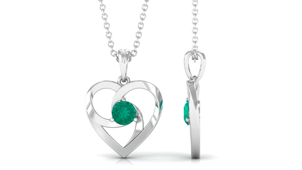 Open Heart Solitaire Emerald Pendant Necklace Emerald - ( AAA ) - Quality - Rosec Jewels