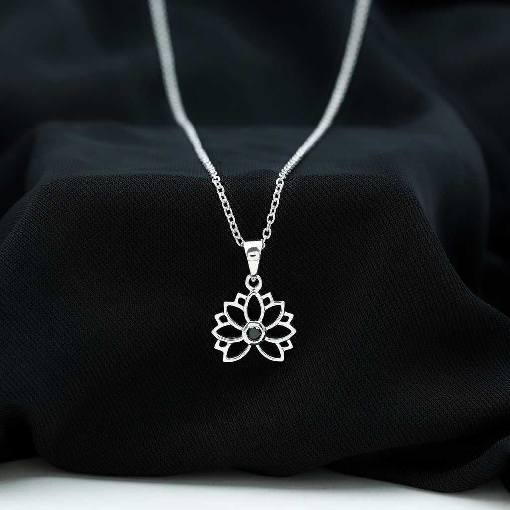 Gold Lotus Flower Pendant with 3 MM Round Cut Black Diamond Black Diamond - ( AAA ) - Quality - Rosec Jewels