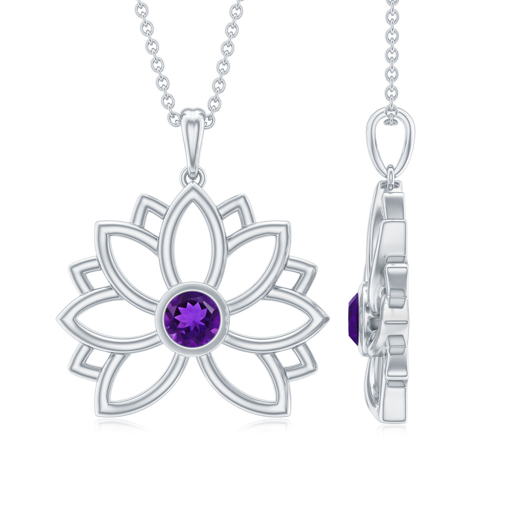 Gold Lotus Flower Solitaire Amethyst Pendant Necklace Amethyst - ( AAA ) - Quality - Rosec Jewels