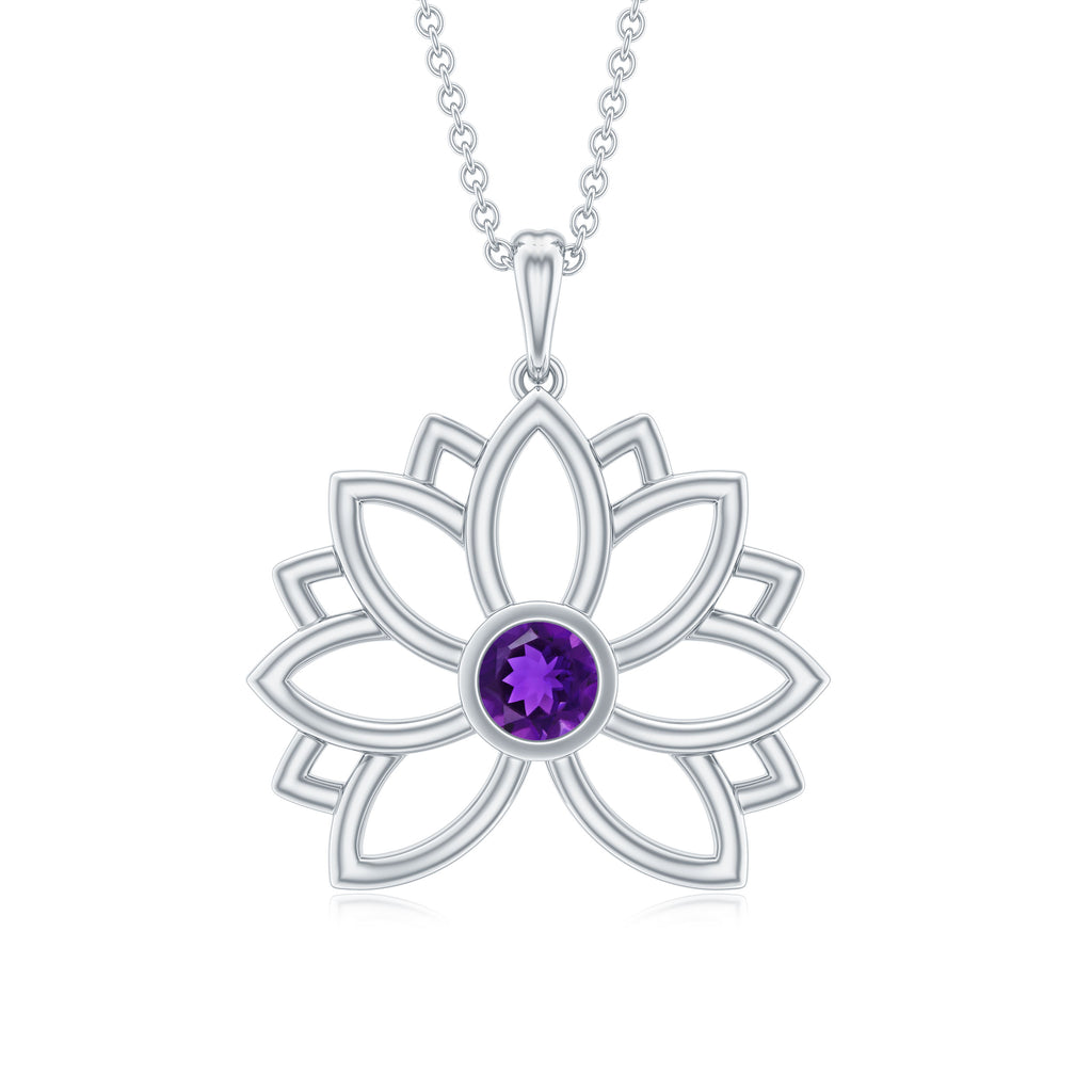 Gold Lotus Flower Solitaire Amethyst Pendant Necklace Amethyst - ( AAA ) - Quality - Rosec Jewels