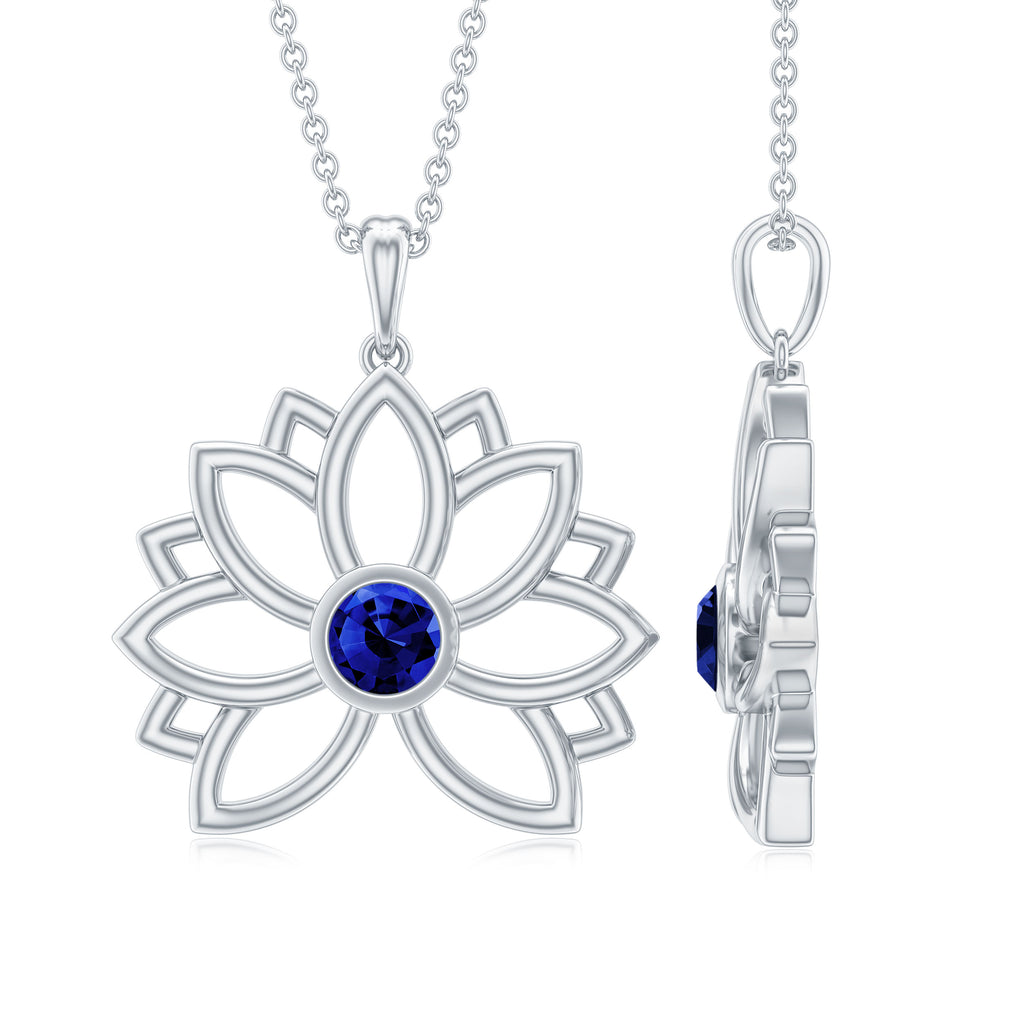Lab Grown Blue Sapphire Lotus Flower Necklace Lab Created Blue Sapphire - ( AAAA ) - Quality - Rosec Jewels