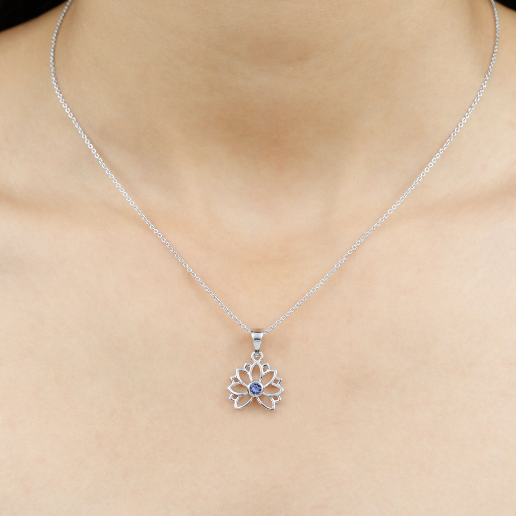 Lotus Flower Pendant with 3 MM Round Cut Tanzanite Tanzanite - ( AAA ) - Quality - Rosec Jewels