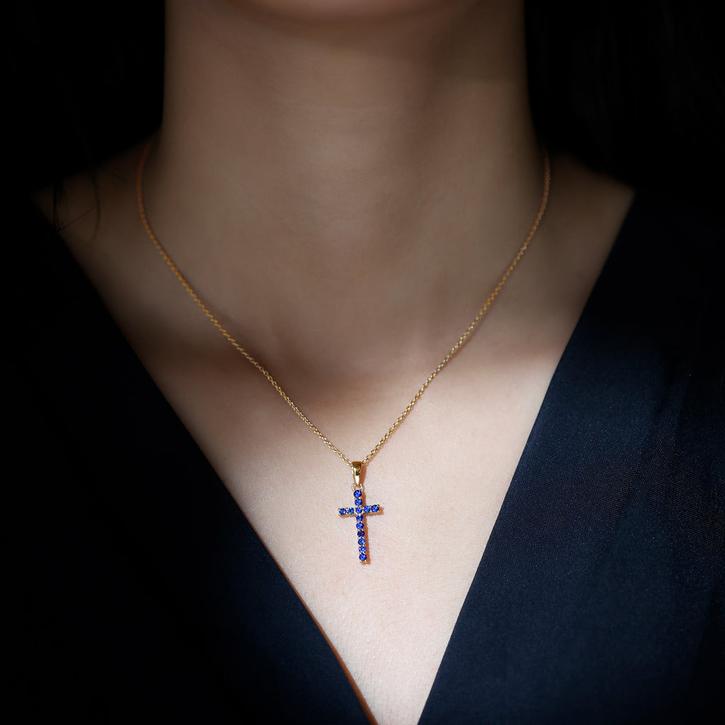 3/4 CT Blue Sapphire Cross Pendant with Standard Bail Blue Sapphire - ( AAA ) - Quality - Rosec Jewels