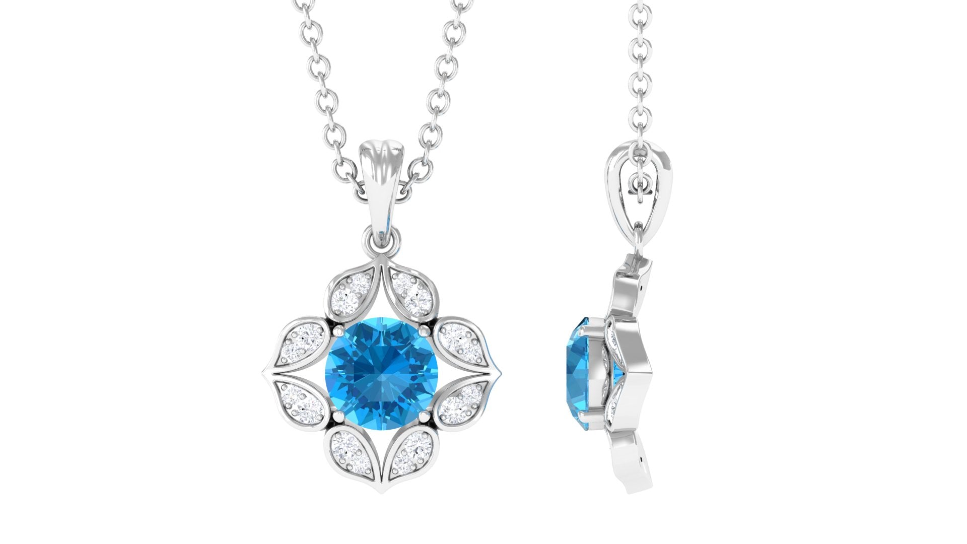 Antique Style Natural Swiss Blue Topaz Bridal Pendant with Diamond Swiss Blue Topaz - ( AAA ) - Quality - Rosec Jewels