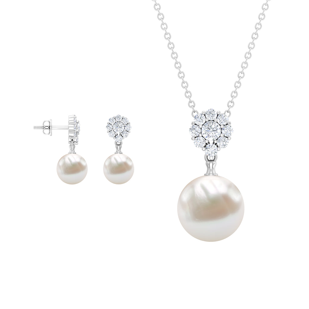 24 CT Moissanite Flower and Freshwater Pearl Drop Jewelry Set Freshwater Pearl - ( AAA ) - Quality - Rosec Jewels