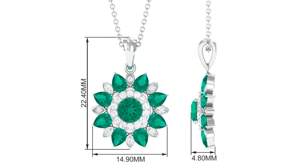 Emerald and Diamond Flower Statement Pendant Necklace Emerald - ( AAA ) - Quality - Rosec Jewels