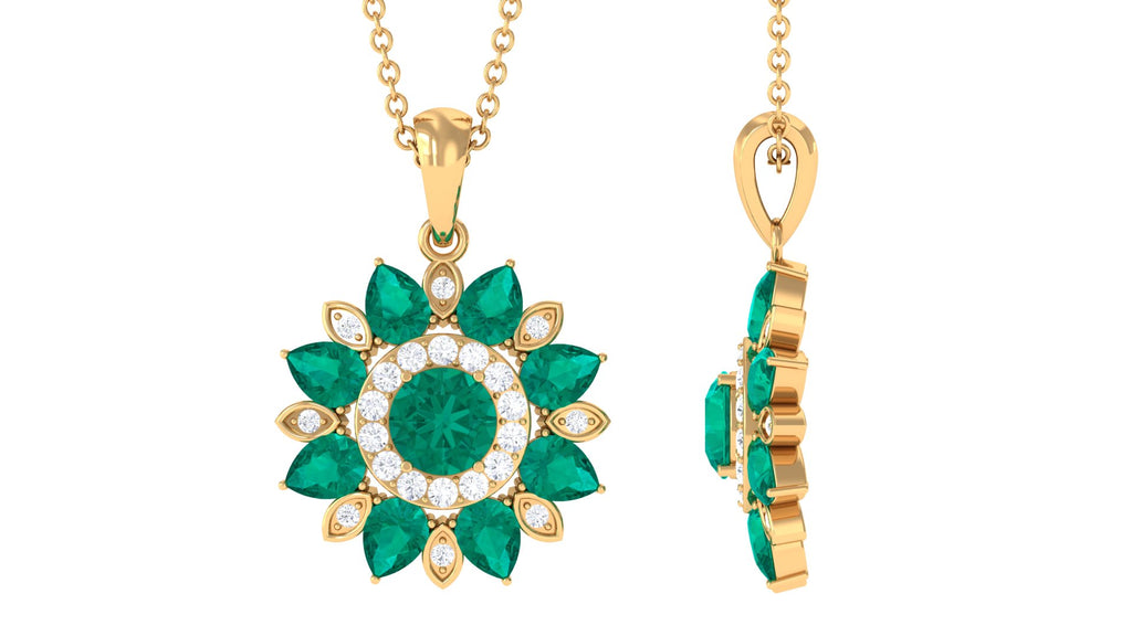Emerald and Diamond Flower Statement Pendant Necklace Emerald - ( AAA ) - Quality - Rosec Jewels