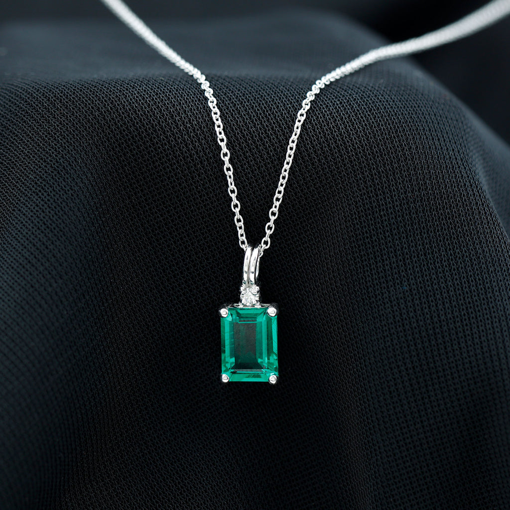 Octagon Cut Created Emerald Solitaire Pendant with Dainty Moissanite Lab Created Emerald - ( AAAA ) - Quality - Rosec Jewels