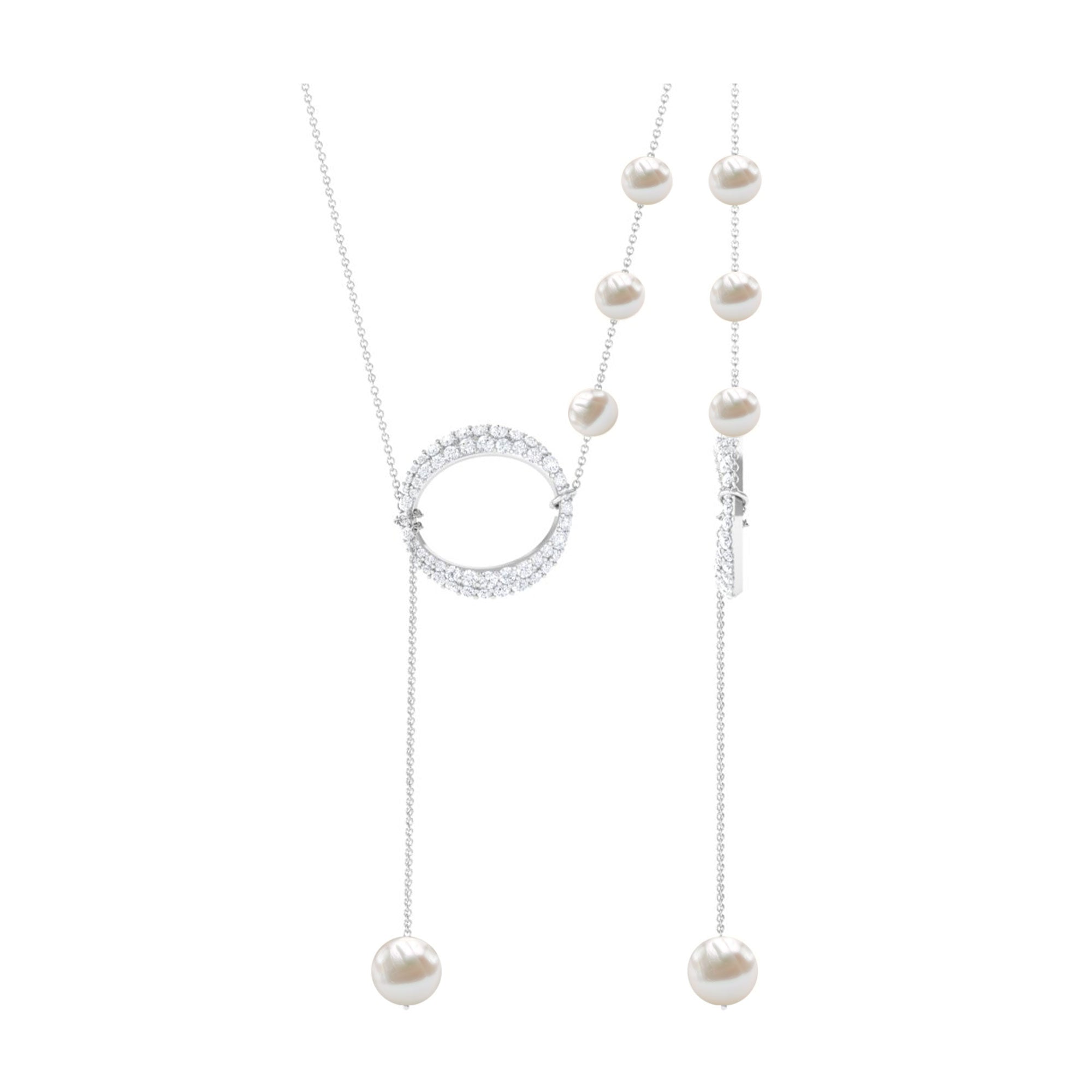 White Freshwater Pearl and Diamond Lariat Eternity Necklace Freshwater Pearl - ( AAA ) - Quality - Rosec Jewels