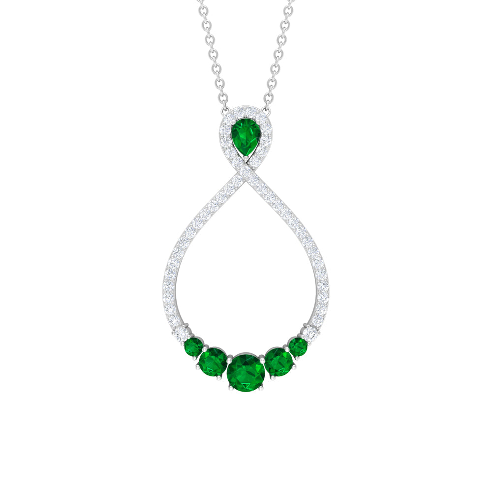 Emerald and Diamond Teardrop Necklace with Graduated Style Emerald - ( AAA ) - Quality - Rosec Jewels