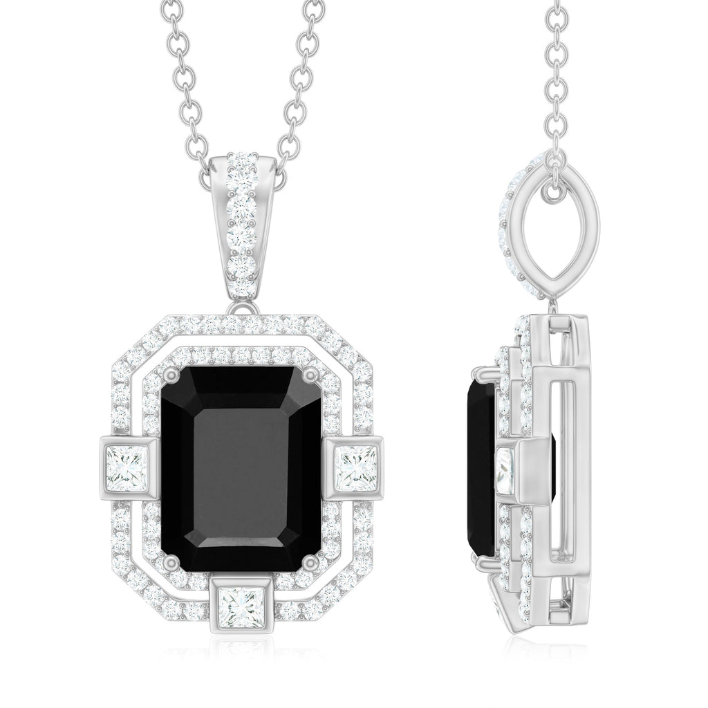 Vintage Inspired Octagon Black Spinel Pendant with Diamond Black Spinel - ( AAA ) - Quality - Rosec Jewels