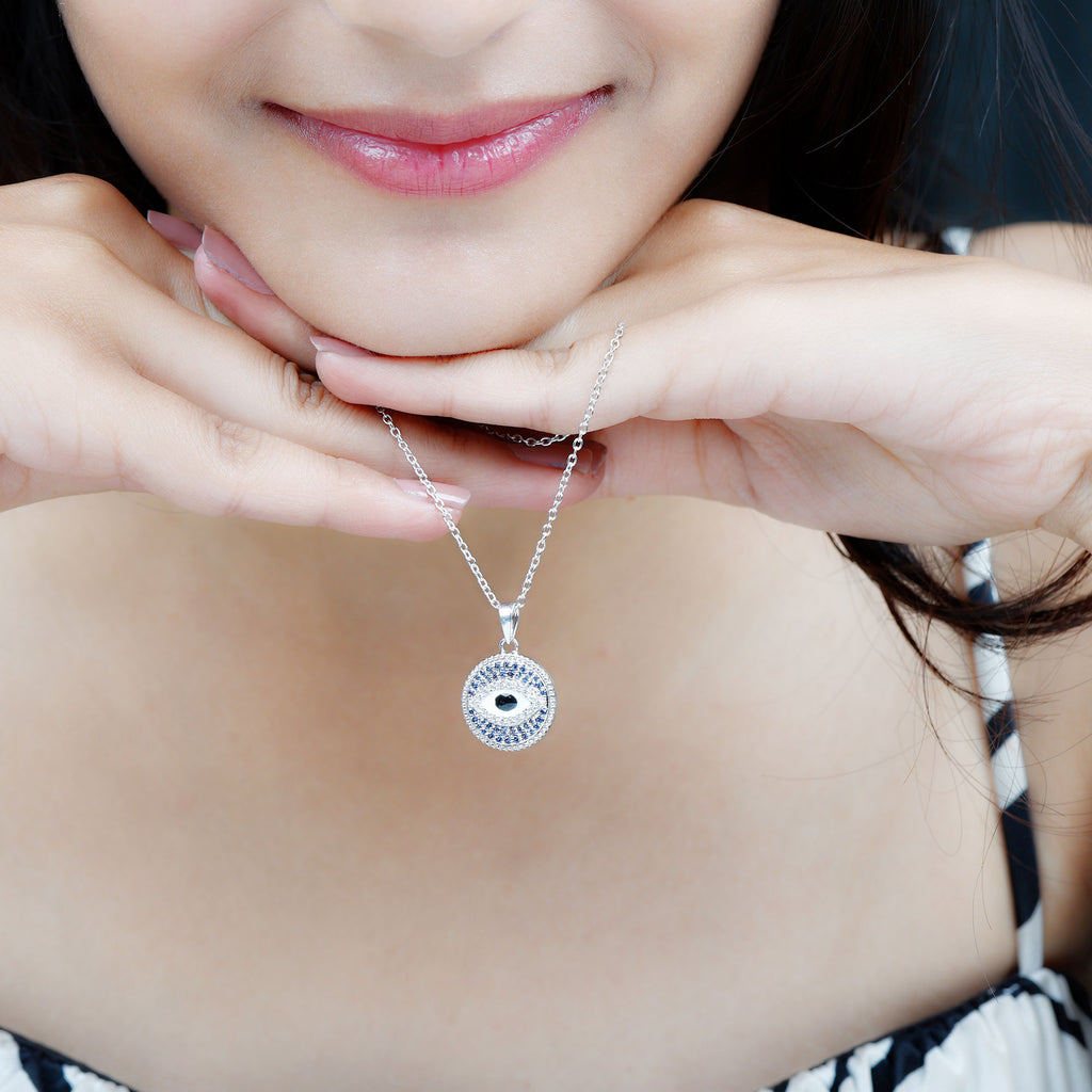 3/4 CT Created Blue Sapphire and Zircon Evil Eye Pendant Necklace Zircon - ( AAAA ) - Quality - Rosec Jewels