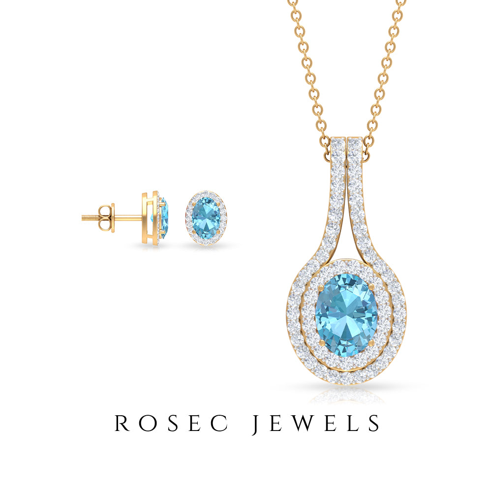Bridal Aquamarine Jewelry Set with Moissanite Aquamarine - ( AAA ) - Quality - Rosec Jewels