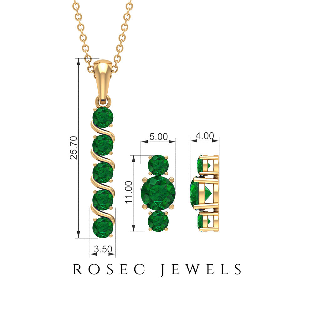 Natural Emerald Bar Pendant Necklace and Stud Earring Set Emerald - ( AAA ) - Quality - Rosec Jewels