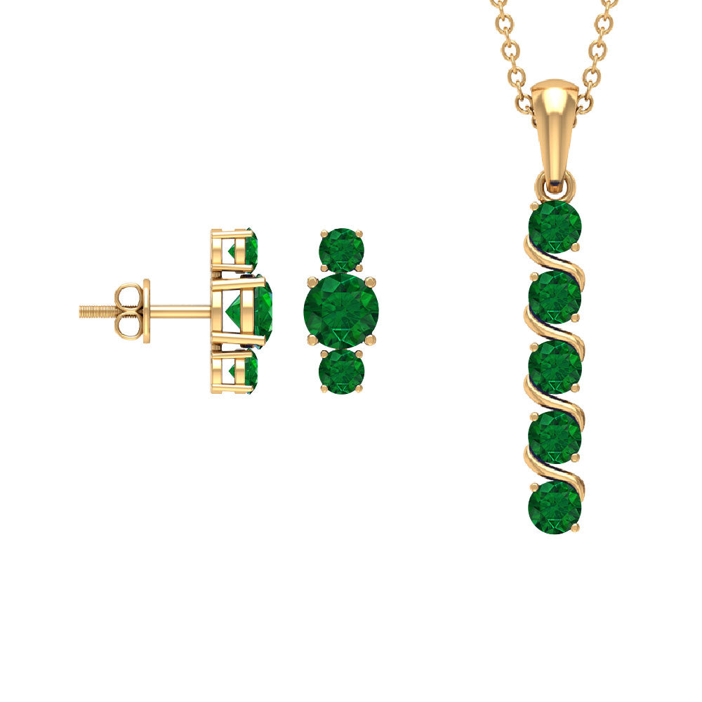 Natural Emerald Bar Pendant Necklace and Stud Earring Set Emerald - ( AAA ) - Quality - Rosec Jewels