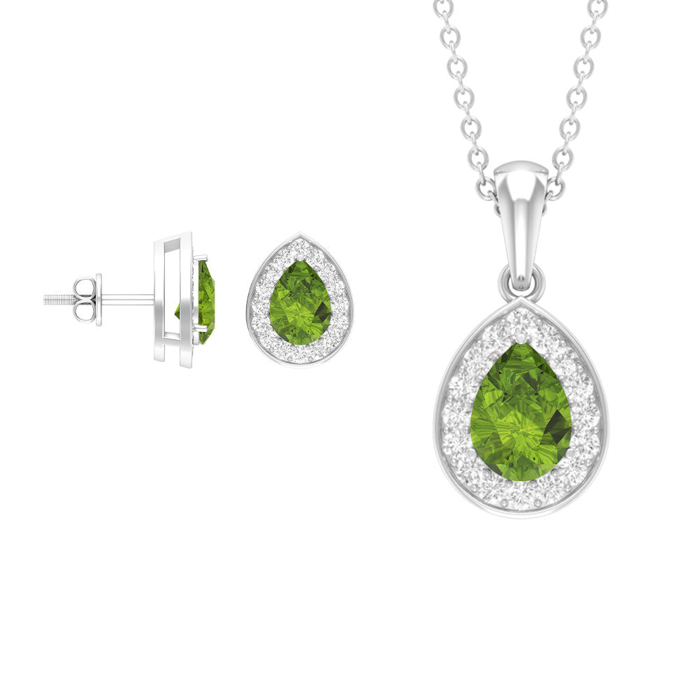 Peridot Teardrop Jewelry Set with Moissanite Halo Peridot - ( AAA ) - Quality - Rosec Jewels