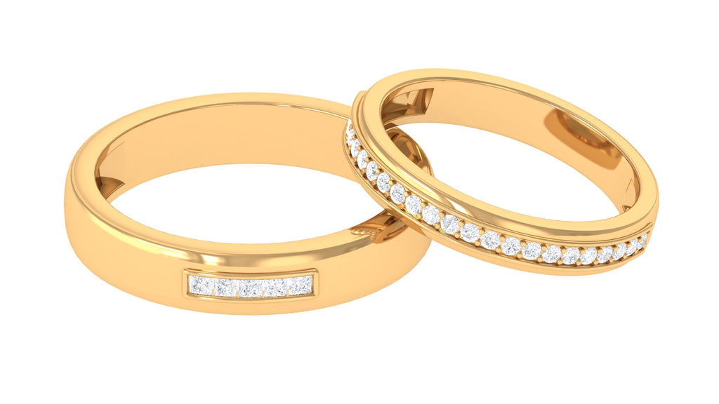 Princess Cut and Round Diamond Gold Couple Ring Set in Prong Setting Diamond - ( HI-SI ) - Color and Clarity - Rosec Jewels