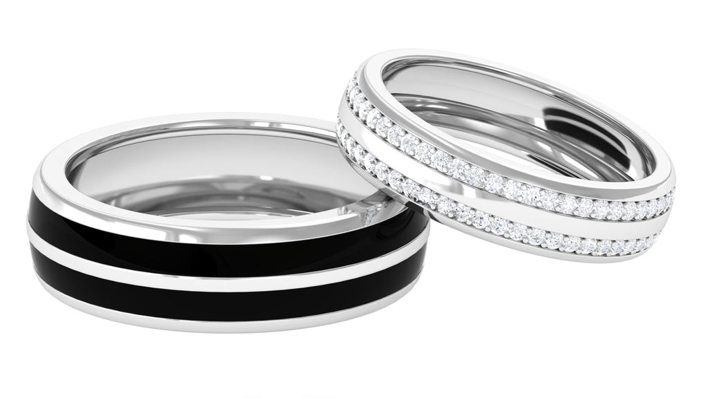Diamond Couple Band Ring Set with Black Enamel Diamond - ( HI-SI ) - Color and Clarity - Rosec Jewels