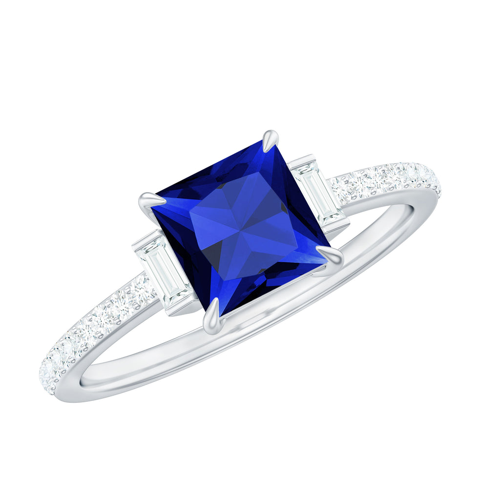 Princess Cut Created Blue Sapphire Solitaire Engagement Ring With Moissanite Lab Created Blue Sapphire - ( AAAA ) - Quality - Rosec Jewels
