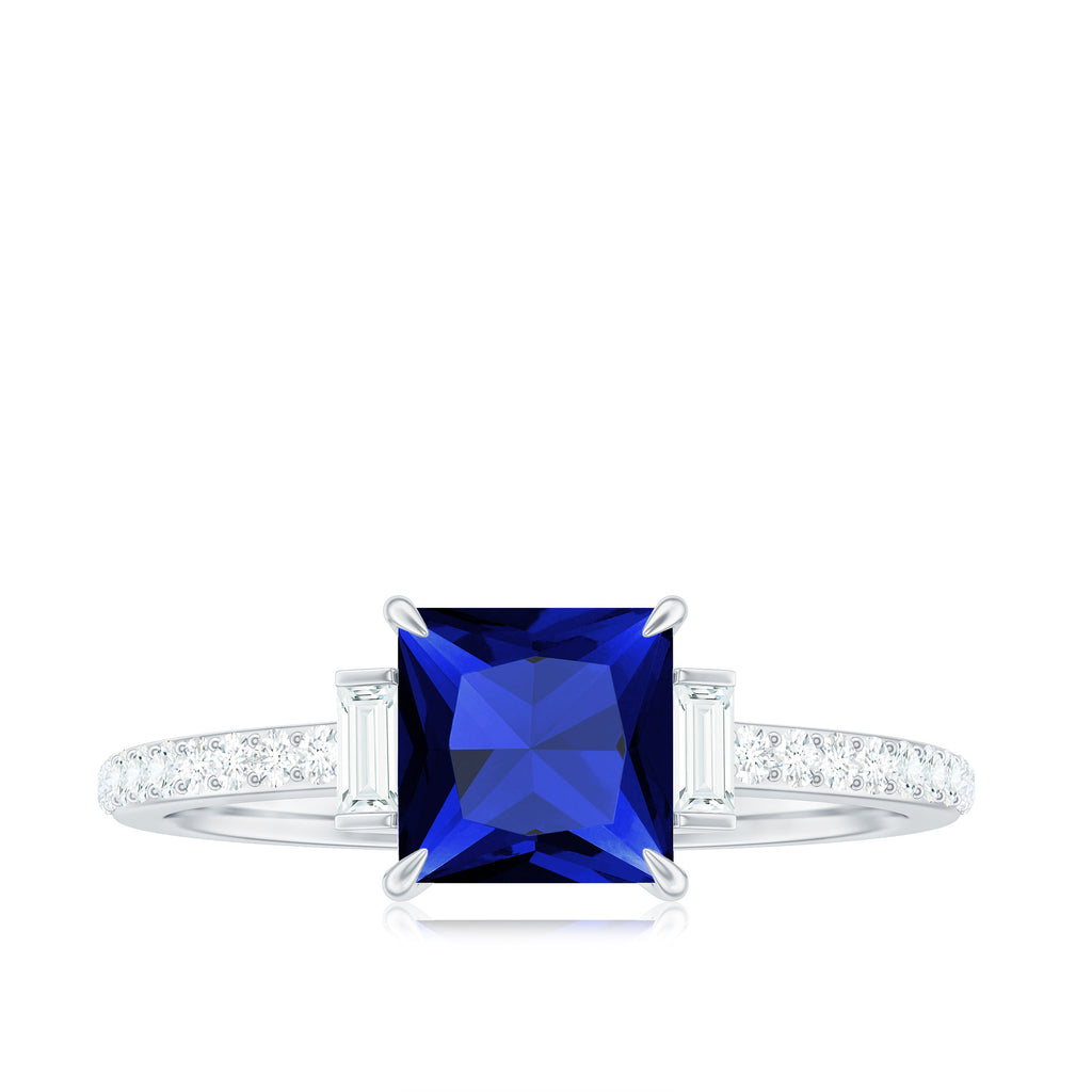 Princess Cut Created Blue Sapphire Solitaire Engagement Ring With Moissanite Lab Created Blue Sapphire - ( AAAA ) - Quality - Rosec Jewels