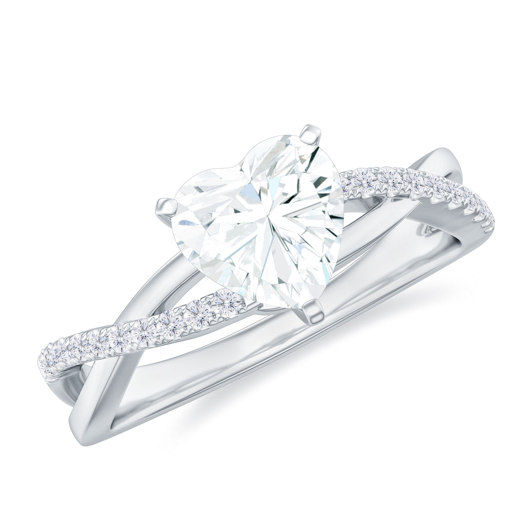 Heart Shape Moissanite Solitaire Crossover Engagement Ring Moissanite - ( D-VS1 ) - Color and Clarity - Rosec Jewels