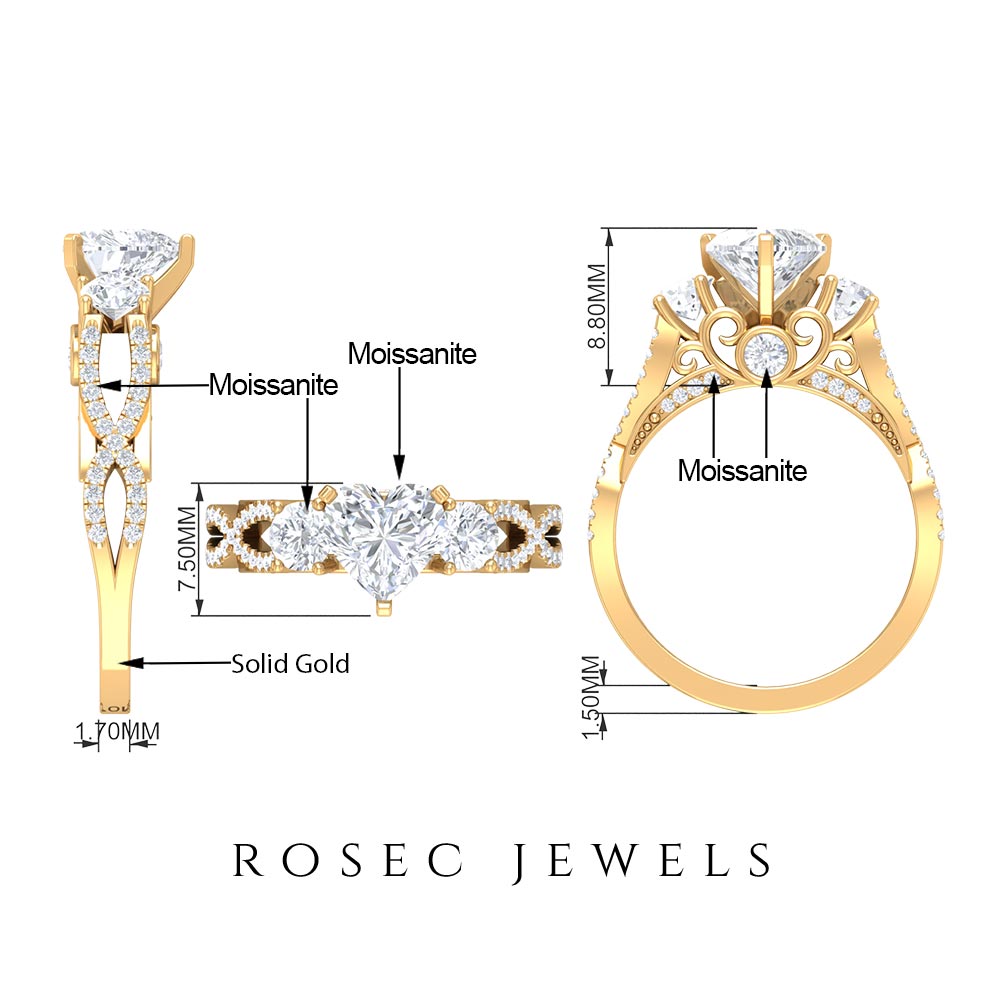 2.75 CT Heart Moissanite Statement Engagement Ring in Gold Moissanite - ( D-VS1 ) - Color and Clarity - Rosec Jewels