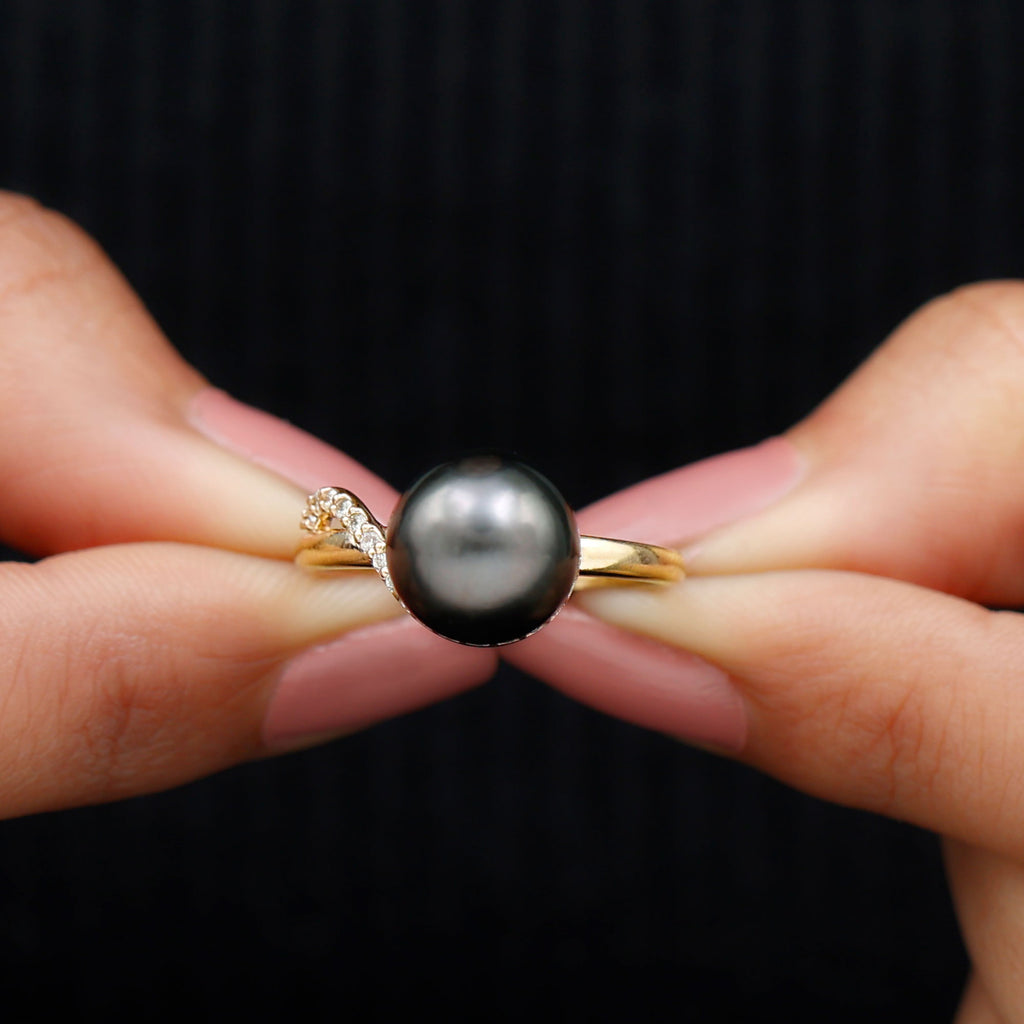 Pure Tahitian Pearl Solitaire Engagement Ring with Diamond Tahitian pearl - ( AAA ) - Quality - Rosec Jewels