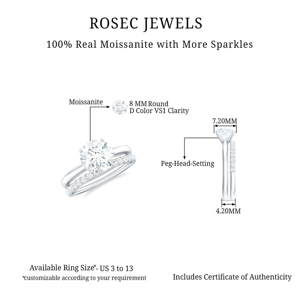 Round Shape Moissanite Solitaire Wedding Ring Set in Gold Moissanite - ( D-VS1 ) - Color and Clarity - Rosec Jewels