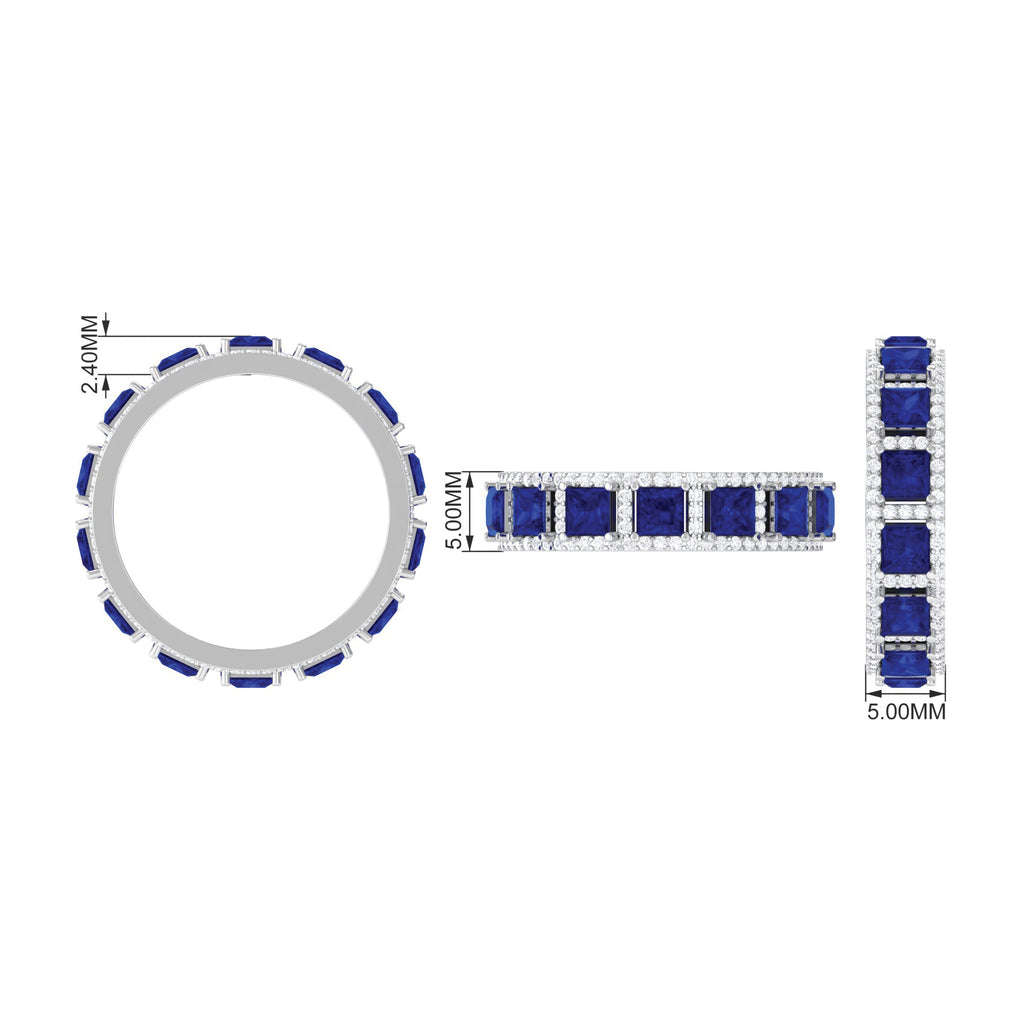 Lab Grown Blue Sapphire Wedding Band with Moissanite Accent Lab Created Blue Sapphire - ( AAAA ) - Quality - Rosec Jewels
