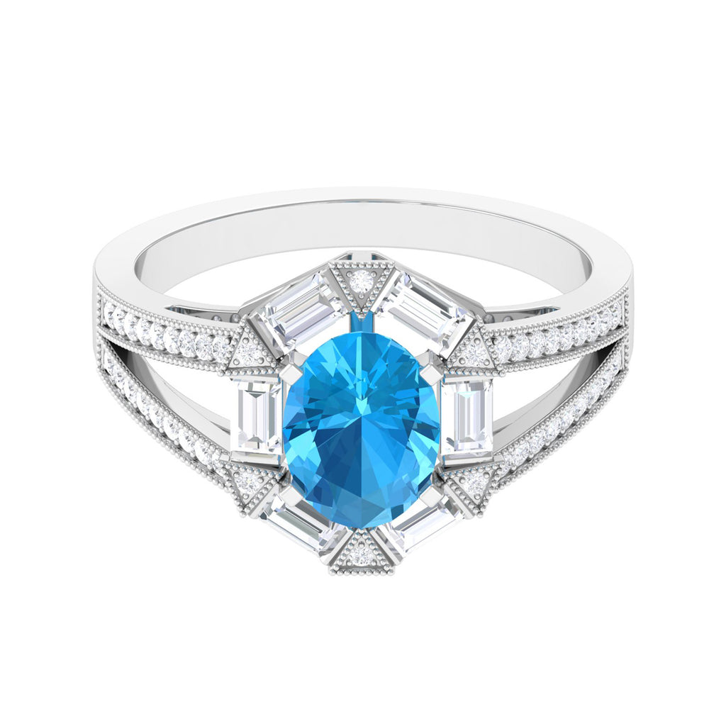 1.75 CT Oval Swiss Blue Topaz Art Deco Engagement Ring with Moissanite Swiss Blue Topaz - ( AAA ) - Quality - Rosec Jewels
