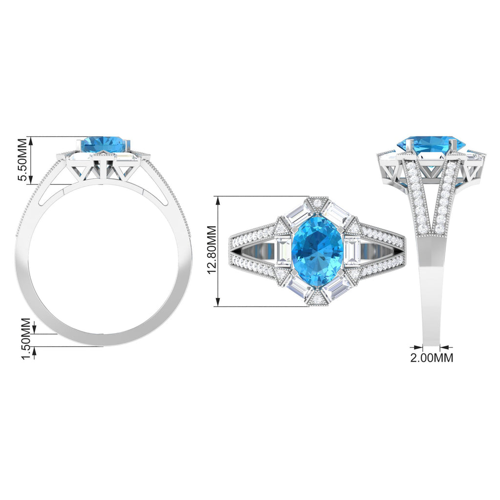 1.75 CT Oval Swiss Blue Topaz Art Deco Engagement Ring with Moissanite Swiss Blue Topaz - ( AAA ) - Quality - Rosec Jewels