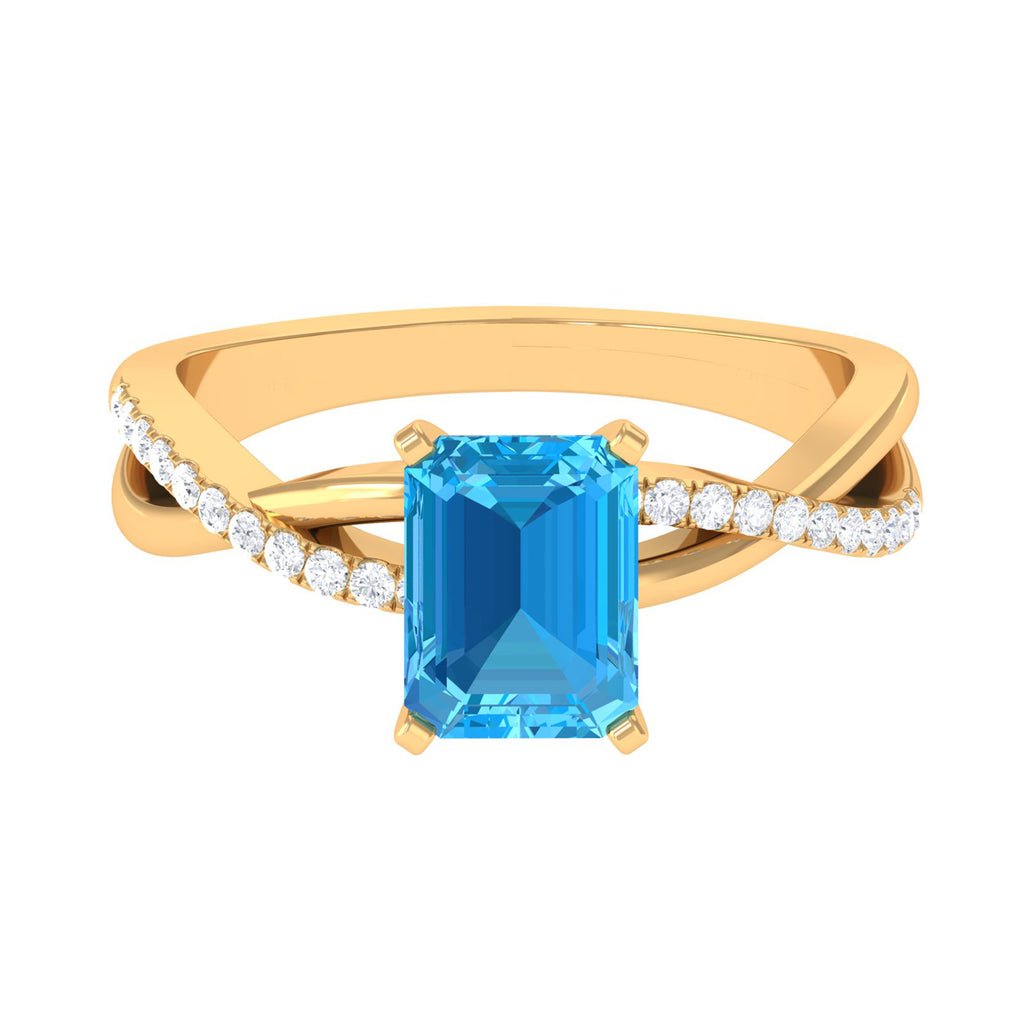 6X8 MM Emerald Cut Swiss Blue Topaz Solitaire with Diamond Engagement Ring Swiss Blue Topaz - ( AAA ) - Quality - Rosec Jewels
