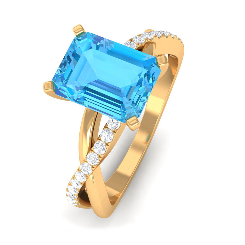 6X8 MM Emerald Cut Swiss Blue Topaz Solitaire with Diamond Engagement Ring Swiss Blue Topaz - ( AAA ) - Quality - Rosec Jewels