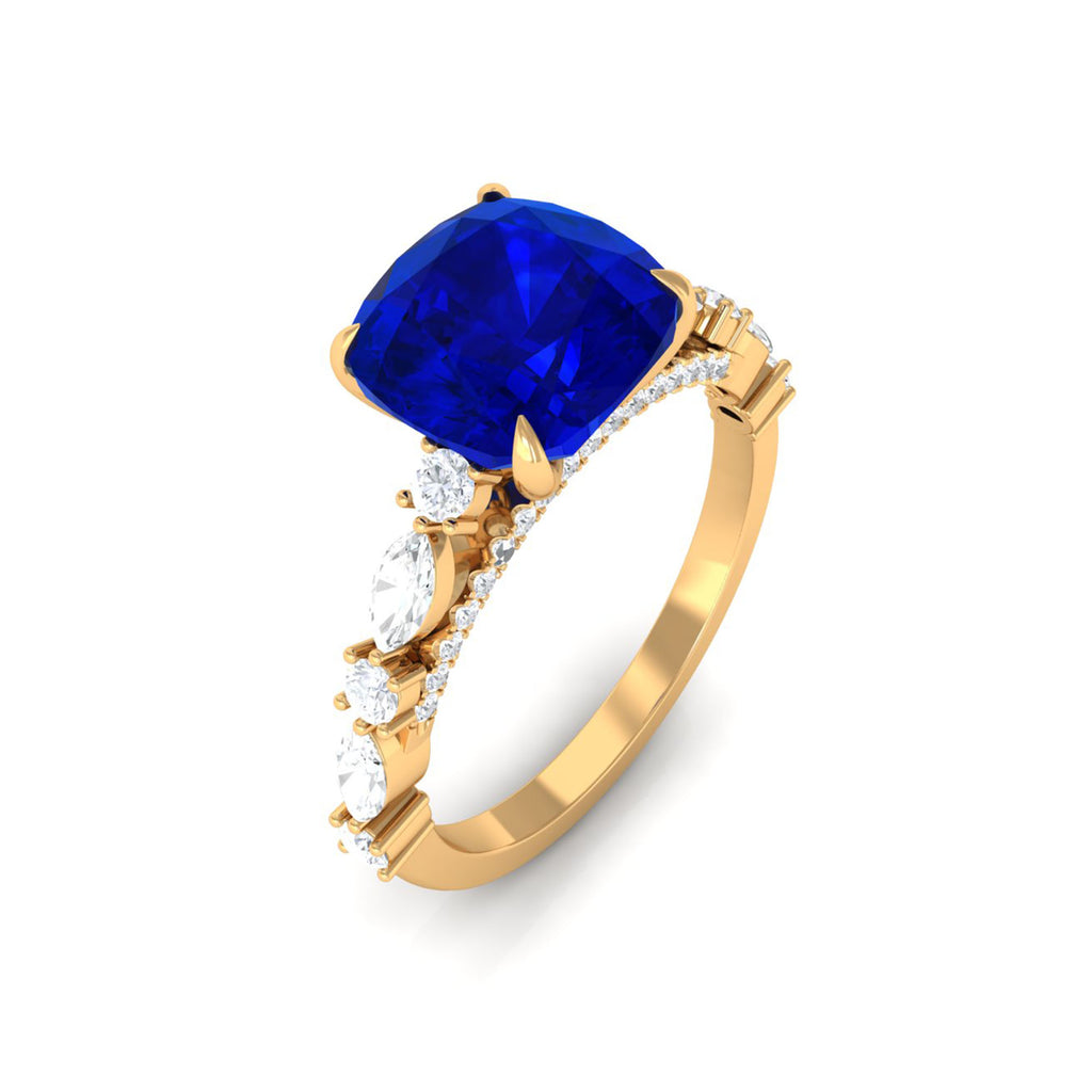 Cushion Cut Created Blue Sapphire Solitaire Engagement Ring with Diamond Lab Created Blue Sapphire - ( AAAA ) - Quality - Rosec Jewels