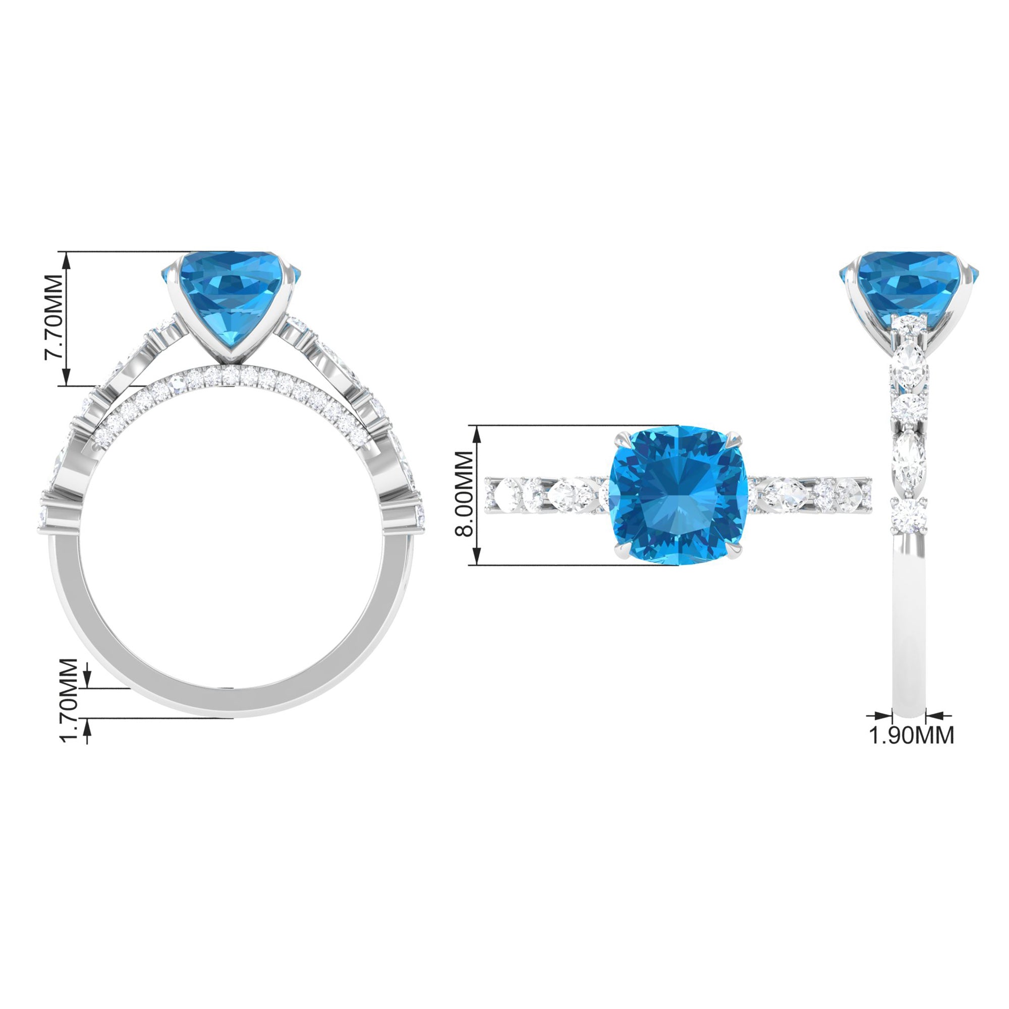 8 MM Cushion Cut Swiss Blue Topaz Solitaire with Moissanite Side Stone Ring Swiss Blue Topaz - ( AAA ) - Quality - Rosec Jewels