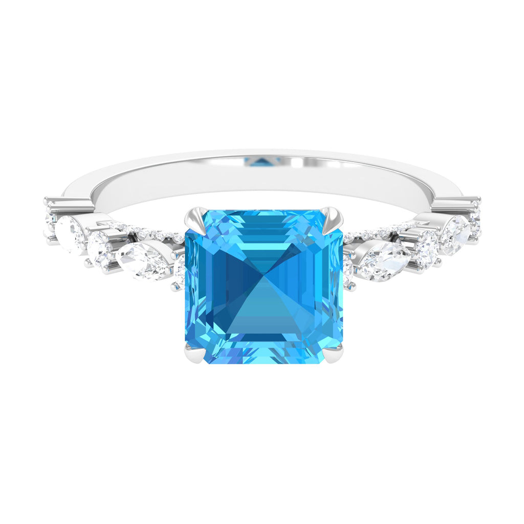 4 CT Asscher Cut Swiss Blue Topaz Solitaire Ring with Moissanite Swiss Blue Topaz - ( AAA ) - Quality - Rosec Jewels