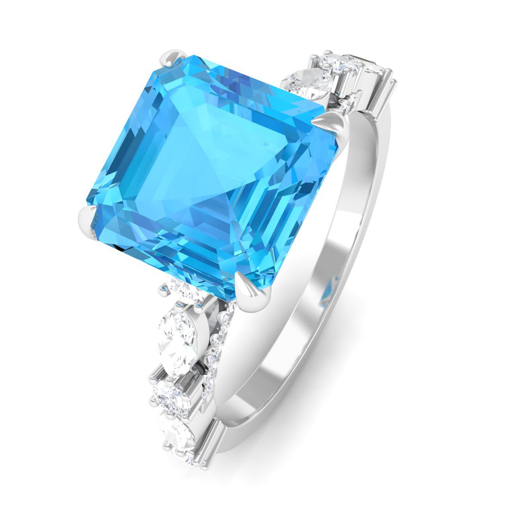 4 CT Asscher Cut Swiss Blue Topaz Solitaire Ring with Moissanite Swiss Blue Topaz - ( AAA ) - Quality - Rosec Jewels