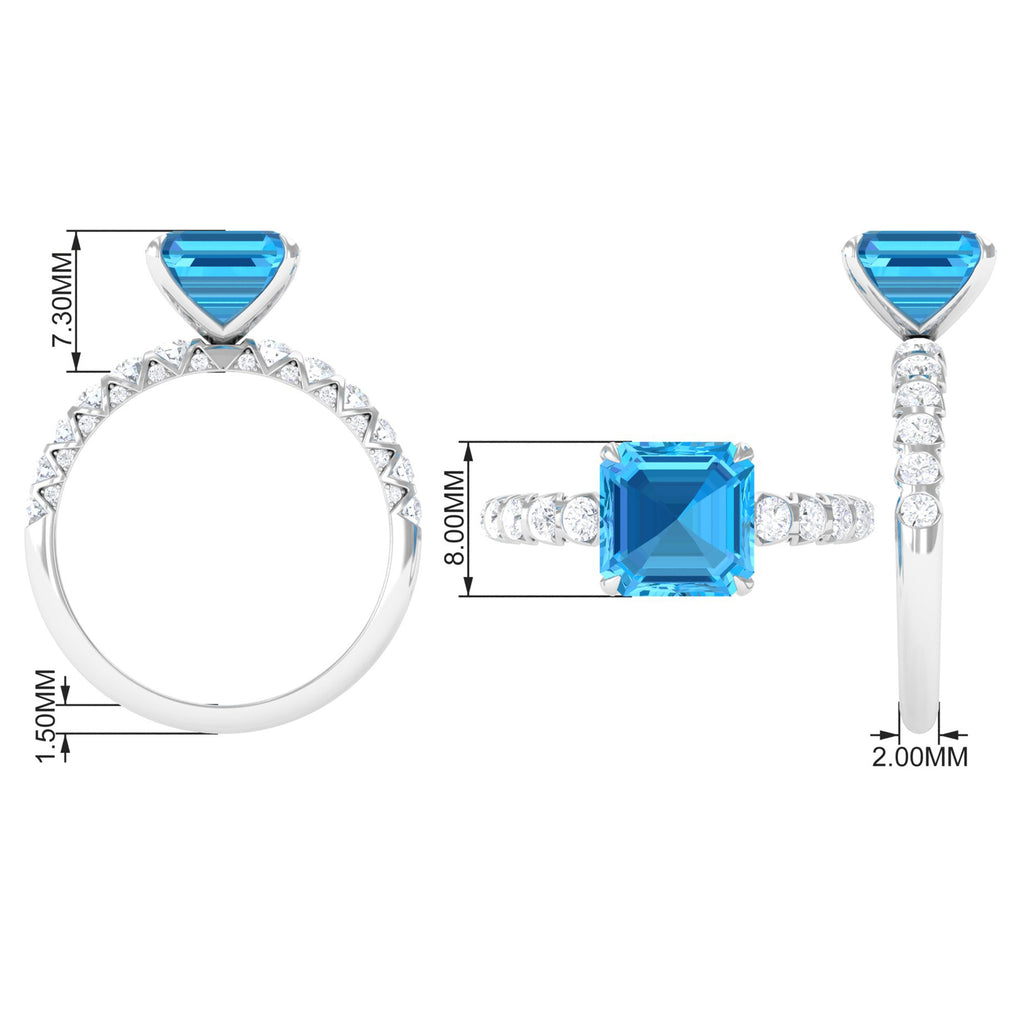 Asscher Cut Swiss Blue Topaz and Diamond Side Stones Ring Swiss Blue Topaz - ( AAA ) - Quality - Rosec Jewels