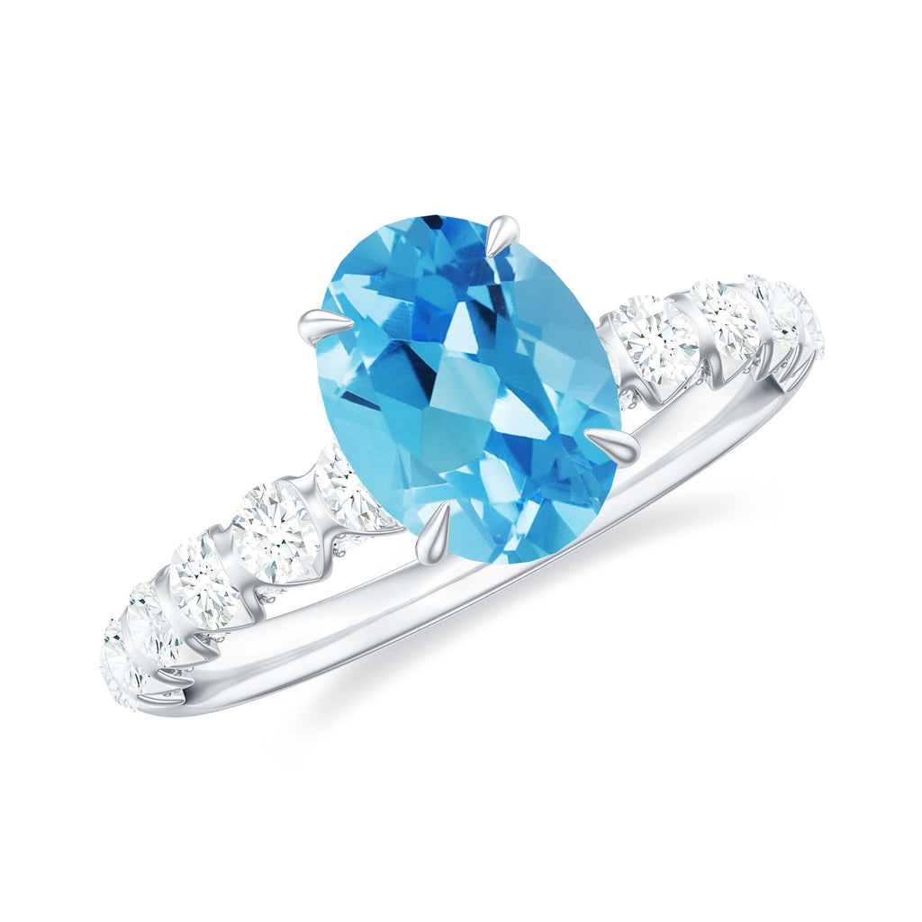 8X6 Oval Cut Swiss Blue Topaz Solitaire with Diamond Side Stone Ring Swiss Blue Topaz - ( AAA ) - Quality - Rosec Jewels