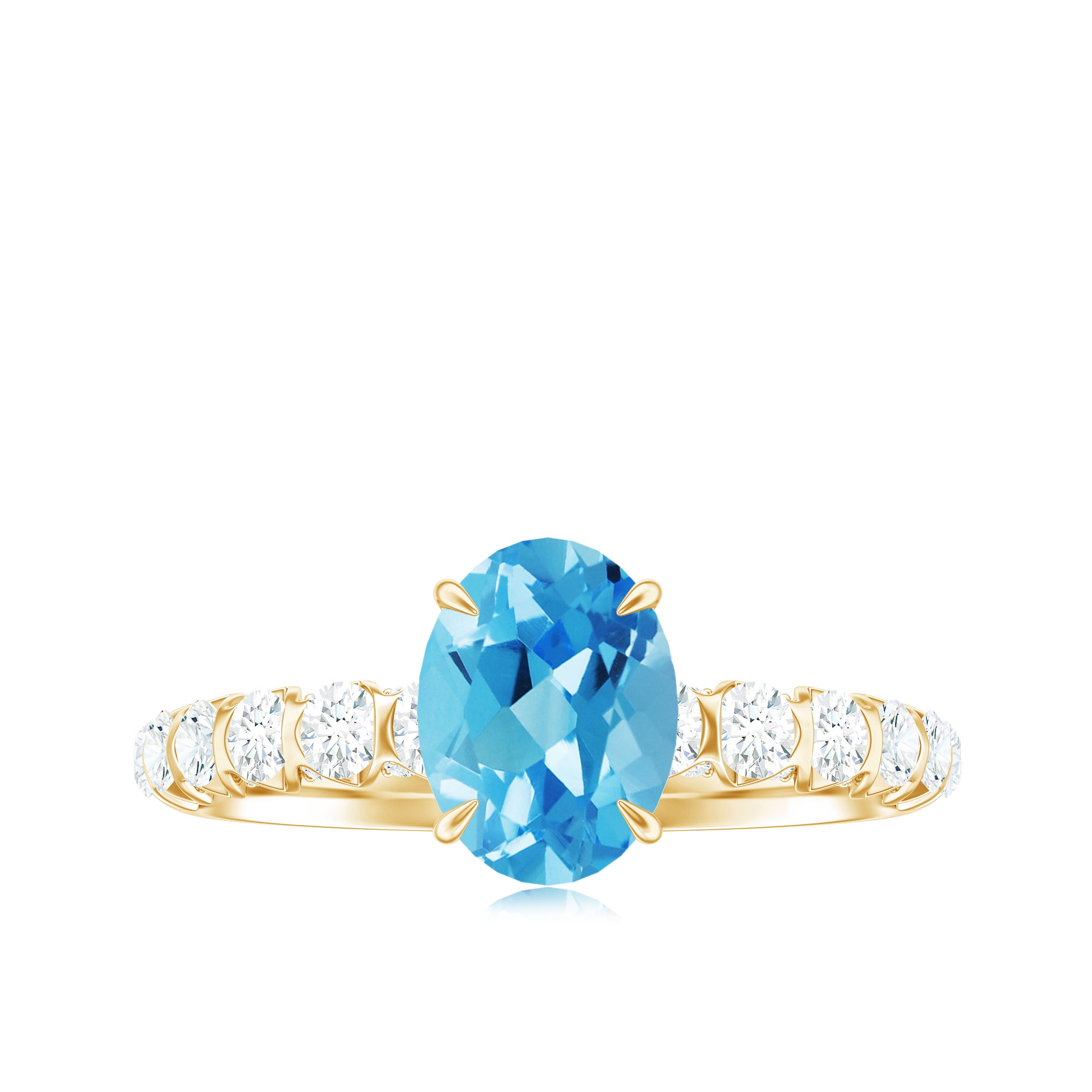 8X6 Oval Cut Swiss Blue Topaz Solitaire with Diamond Side Stone Ring Swiss Blue Topaz - ( AAA ) - Quality - Rosec Jewels