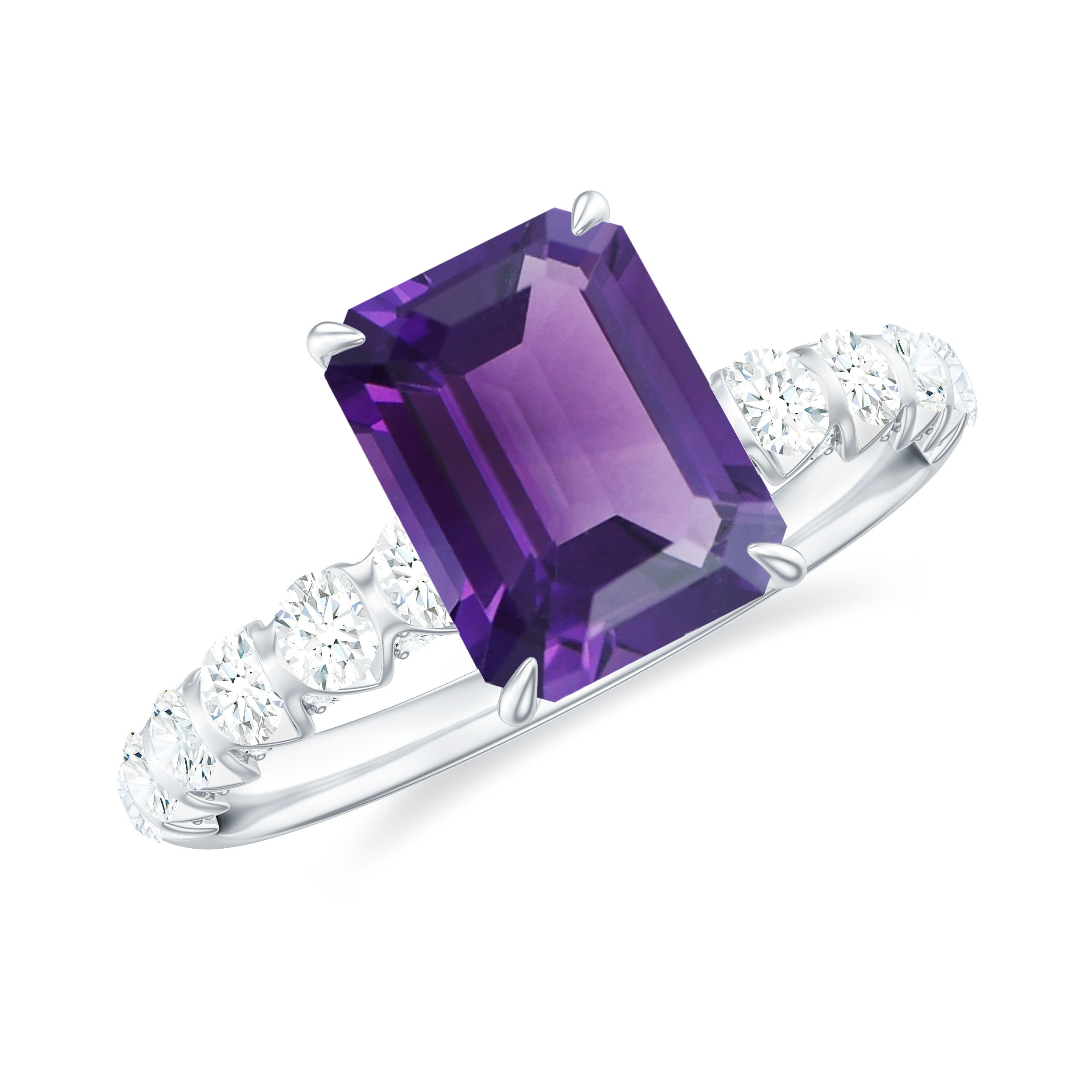 Solitaire Amethyst Engagement Ring with Diamond Amethyst - ( AAA ) - Quality - Rosec Jewels